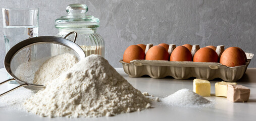 ingredients for baking: flour, butter, eggs