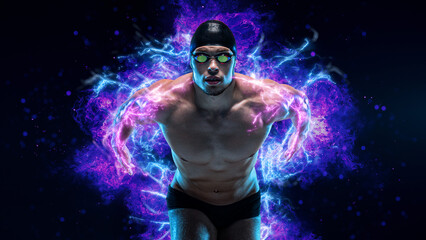 Attractive and muscular swimmer ready to jump into water. Studio shot of young shirtless sportsman on black background. Man with glasses