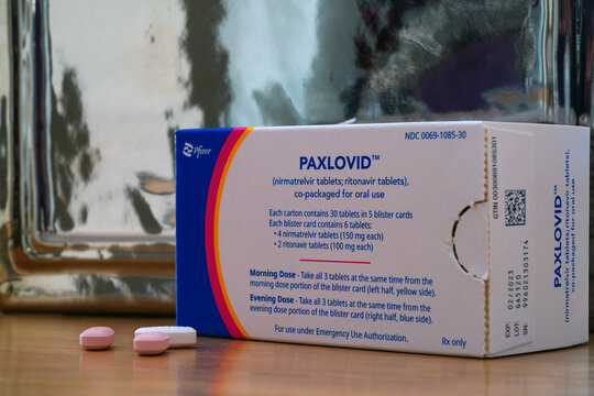 MIAMI, FL -18 MAY 2022- View of a box of Paxlovid, an antiviral therapeutic medication against COVID-19 coronavirus from Pfizer.