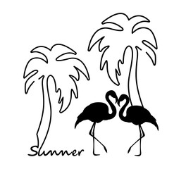 Summer banner with flamingos, palm trees and lettering summer. Isolated on white background. Monochrome vector illustration.