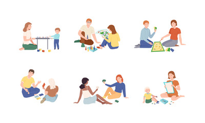 People having good time playing board games set vector illustration