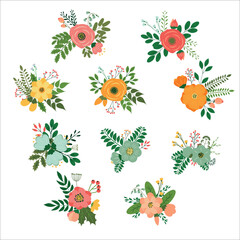 Set of flower buquet vector in isolated. Bouquet with hearts around.