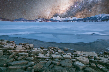 Frozen lake during winter night of january in Abruzzo