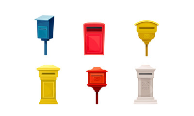 Set of retro mailboxes. Boxes for receiving and sending letters and paper correspondence cartoon vector illustration