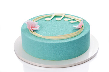 Chocolate mousse cake on a white background isolated. Turquoise mousse cake.