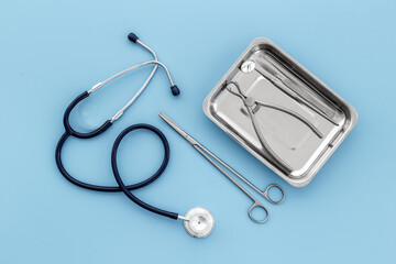 Medical steel equipment - instruments with stethoscope. Healthcare background