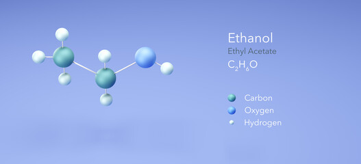 ethanol, ethyl acetate, alcohol. Molecular structure 3d rendering, Structural Chemical Formula and Atoms with Color Coding, 3d rendering
