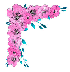 Watercolor pink floral frame corner border isolated on white background