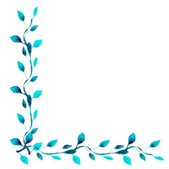 Watercolor blue floral border frame from leaves on branch