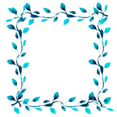 White background with blue floral square frame from watercolor leaves and branches