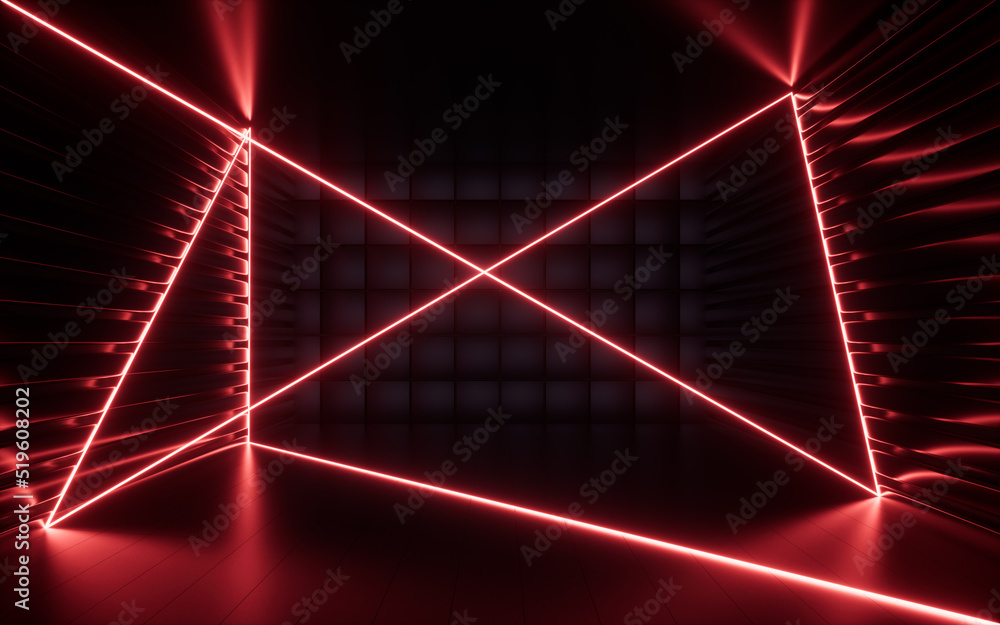 Poster glowing neon lines and randomly arranged cubes in the dark room, 3d rendering.