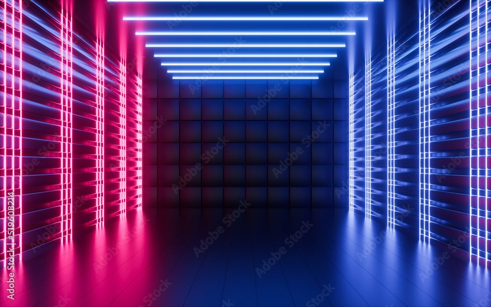 Poster glowing neon lines and randomly arranged cubes in the dark room, 3d rendering.