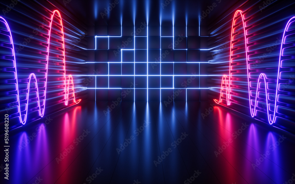 Poster glowing neon lines and randomly arranged cubes in the dark room, 3d rendering.