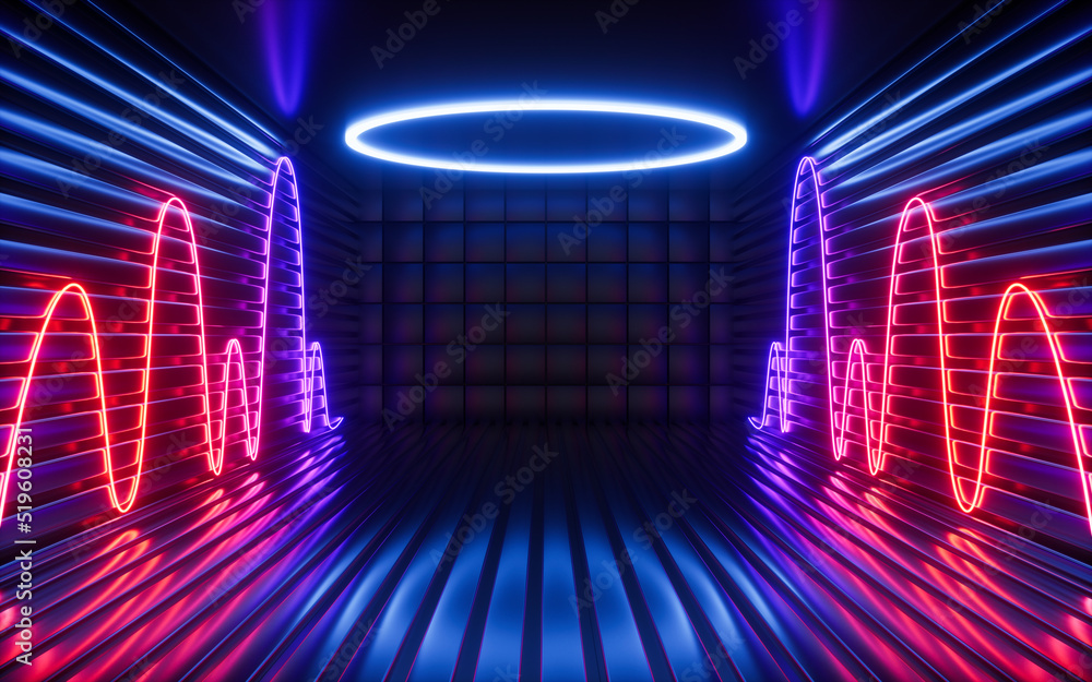 Poster glowing neon lines and randomly arranged cubes in the dark room, 3d rendering.