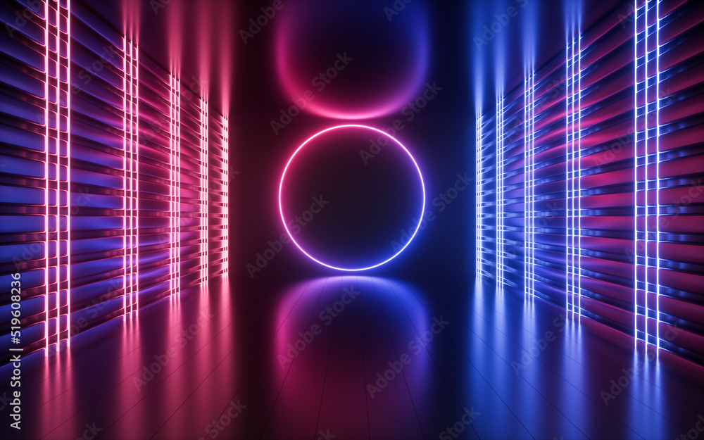 Poster glowing neon lines and randomly arranged cubes in the dark room, 3d rendering.