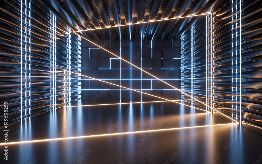 Poster glowing neon lines and randomly arranged cubes in the dark room, 3d rendering.