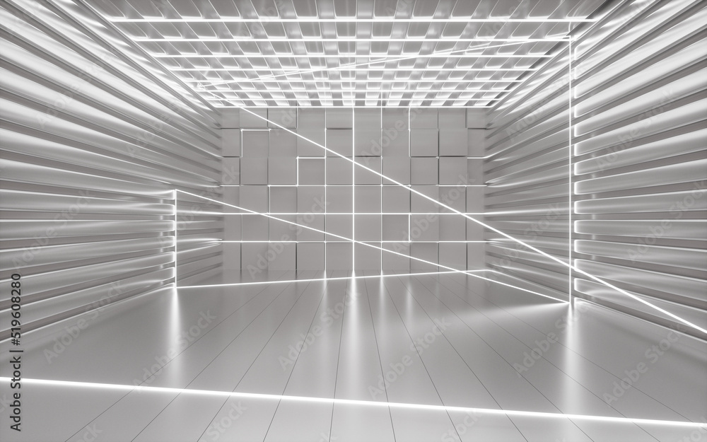 Poster randomly arranged cubes and neon lines in the white room, 3d rendering.