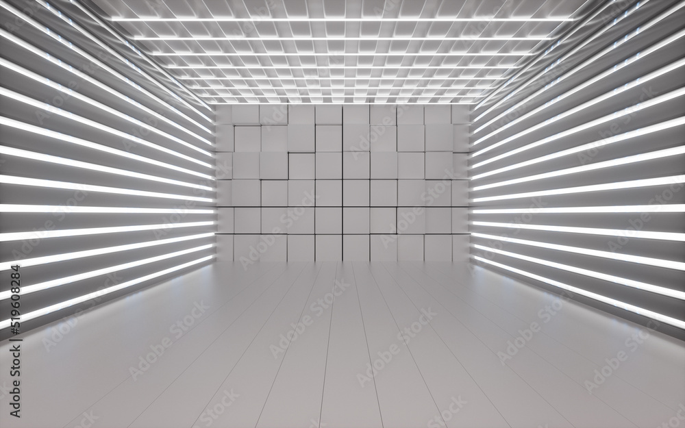 Poster randomly arranged cubes and neon lines in the white room, 3d rendering.