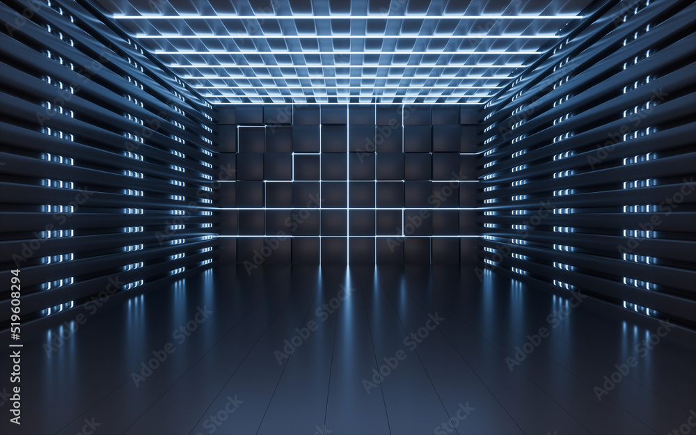 Poster glowing neon lines and randomly arranged cubes in the dark room, 3d rendering.