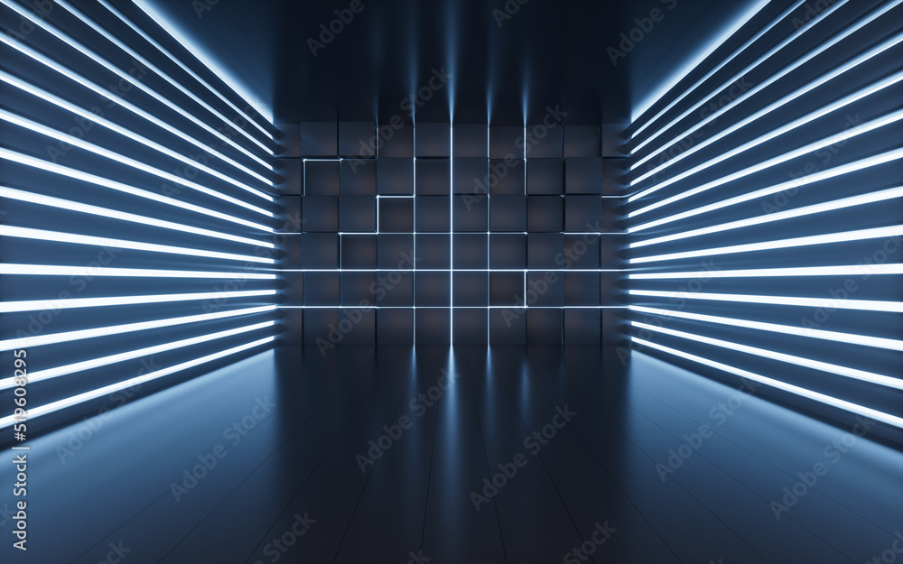 Poster glowing neon lines and randomly arranged cubes in the dark room, 3d rendering.