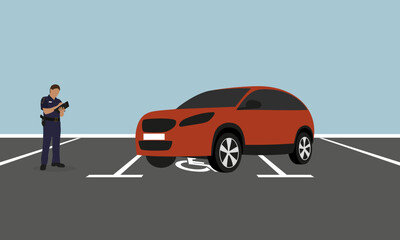 Modern crossover parked in a place for a disabled person and a policeman is standing nearby and writes out a fine
