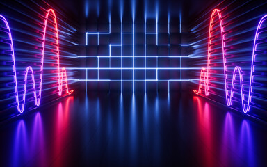 Glowing neon lines and randomly arranged cubes in the dark room, 3d rendering.