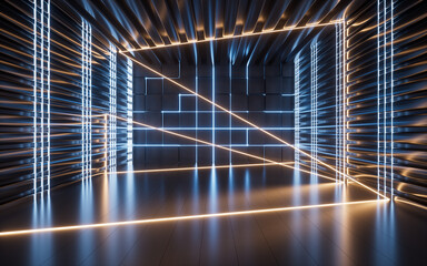 Glowing neon lines and randomly arranged cubes in the dark room, 3d rendering.