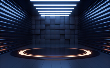 Obraz premium Empty stage and neon lines in the dark room, 3d rendering.