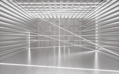 Randomly arranged cubes and neon lines in the white room, 3d rendering.