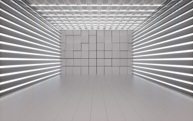 Randomly arranged cubes and neon lines in the white room, 3d rendering.
