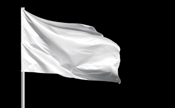 Fluttering Blank White Flag On Flagpole Isolated On Black Background