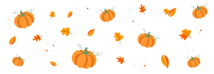 autumn leaves background with leaves and pumpkins.