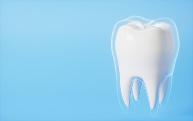 Glowing protective cover out of the tooth in the blue background, 3d rendering.