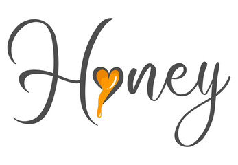 Vector label for bee honey. Honeycombs with honey, and a symbolic simplified image of a bee as a design element. Organic and eco honey labels and tags with bees.
