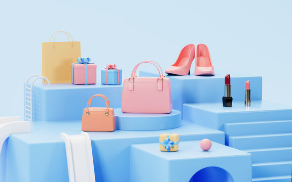 High-heeled shoes and lipsticks, gifts and handbags on the blue stage, 3d rendering.