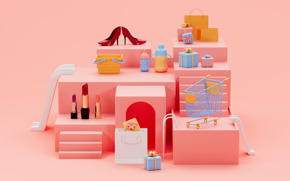 High-heeled shoes and lipsticks, gifts and shopping bags on the pink stage, 3d rendering.
