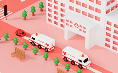 Hospital building and urban roads background, 3d rendering.