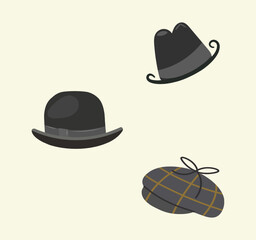 Vector set of trez isolated cartoon vintage detective hats on light background. Design for print, web decoration. Vintage retro style.