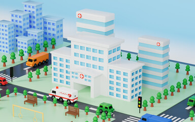 Hospital building and urban roads background, 3d rendering.