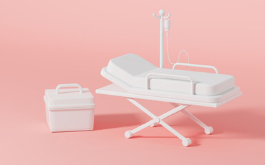 White stretcher and medicine chest in the pink background, 3d rendering.