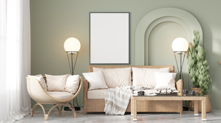 mock up poster frame in modern interior background, living room, Mixed style, 3D render, 3D illustration