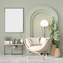 mock up poster frame in modern interior background, living room, Mixed style, 3D render, 3D illustration