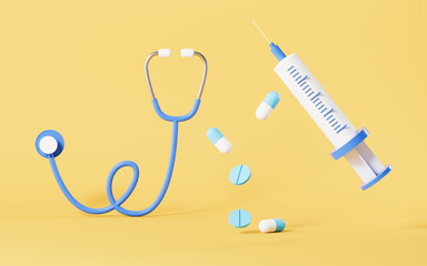 Stethoscope and injection syringe with yellow background, 3d rendering.