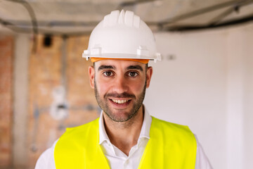 Portrait of confident male architect at construction building site - Professional worker with safety helmet smiling at camera 