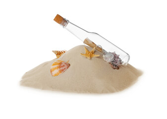 Corked glass bottle with rolled paper note and seashells on sand against white background