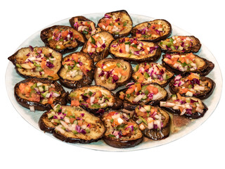 Delicious sliced aubergines and grilled with seasonings on white isolated background