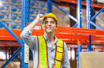 Workers working in warehouse, , Foreman worker checking inventory and working in factory warehouse,...