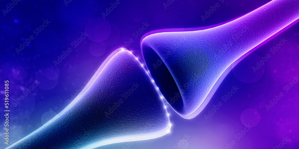 Poster 3d rendering synapse and neuron cells sending electrical chemical signals