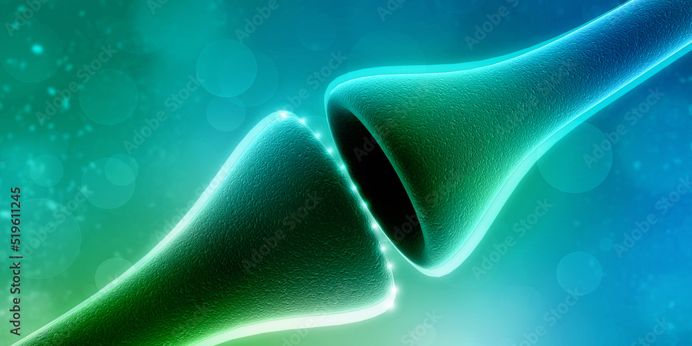 Poster 3d rendering synapse and neuron cells sending electrical chemical signals