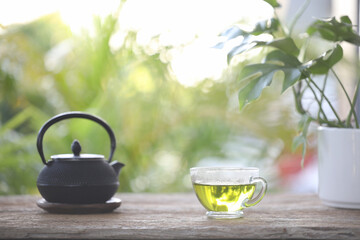 Metal tea pot and tea cup and plant pot on wooden table